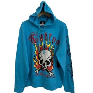 Ed Hardy Flames Skull Tattoo Pullover Sweatshirt Hoodie Turquoise Blue Large NWT